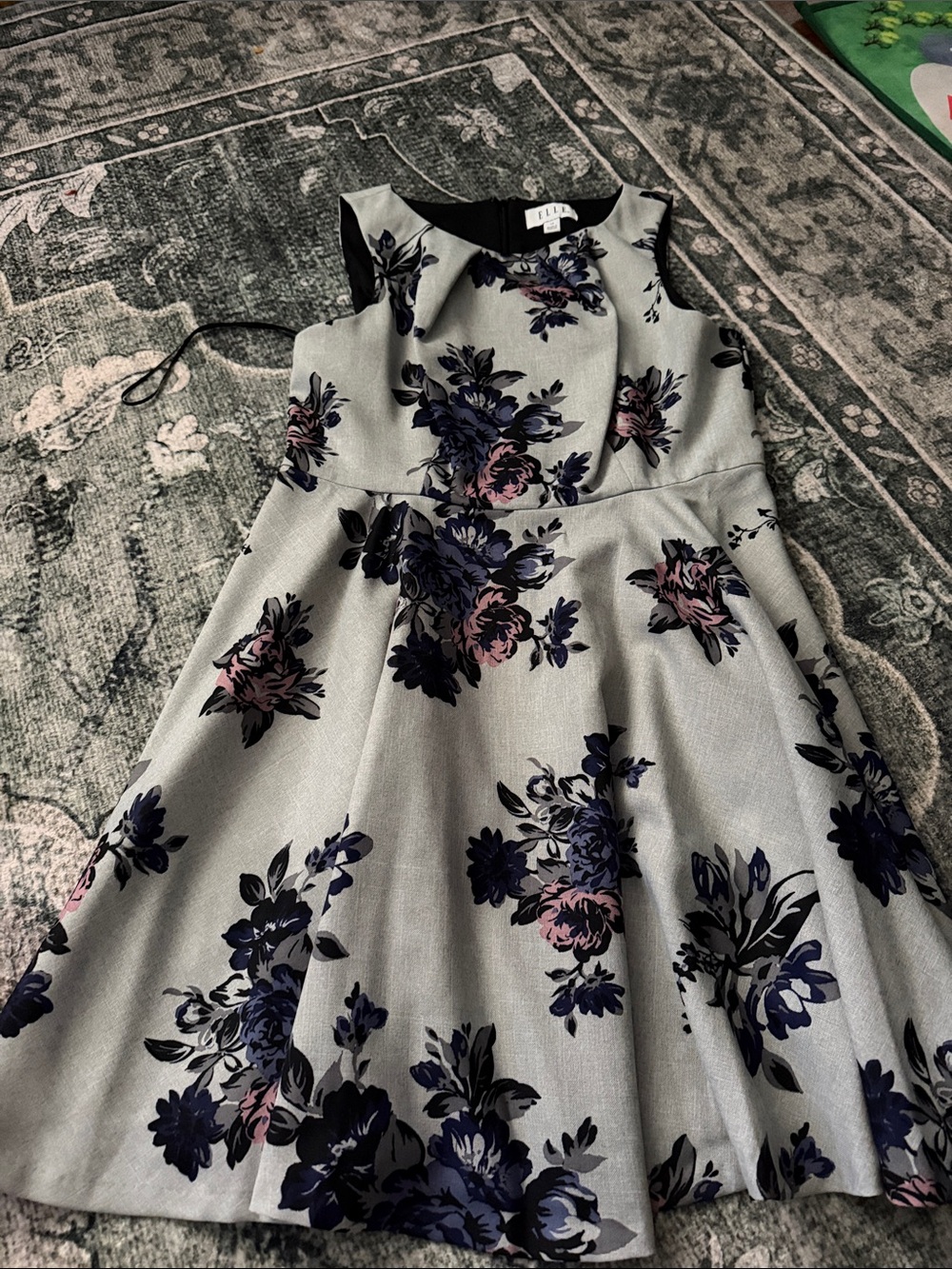 Elle Girls Sleeveless Floral Fit-and-Flare Dress in Light Gray, Navy & Pink